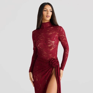 Ensemble Bodycon Femme Sexy Dentelle Transparente Top And Bottom Dos Nu Fente Haute Jupe Maxi Décoration Florale Fête Soirée