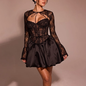 Sexy Black Lace Satin Patchwork Mini Dress For Women Gothic Long Sleeve Bolero Top And Bottom Party Evening Dress