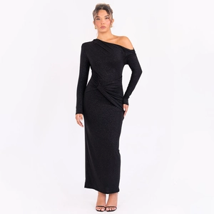 Detailed view of black off-shoulder sequin dress with long sleeves and pleated waist