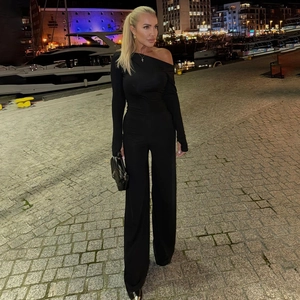 Slim fit black off-shoulder long sleeve jumpsuit with wide leg trousers in night city