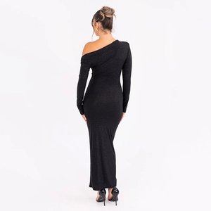 Elegant black one-shoulder glitter evening dress with long sleeves and shimmering sequins