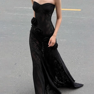 Elegant black strapless lace evening gown featuring 3D floral accents and floor-length hem