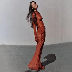 Ensemble chic deux pièces pour femme en dentelle orange foncé avec jupe longue sirène