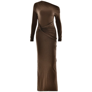 Close-up of shimmering dark brown fabric with elegant ruched waist knot detail