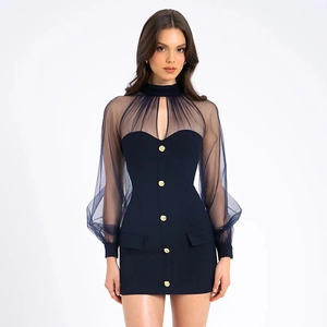 Slim fit dark blue mesh patchwork mini dress with gold buttons and long sleeves