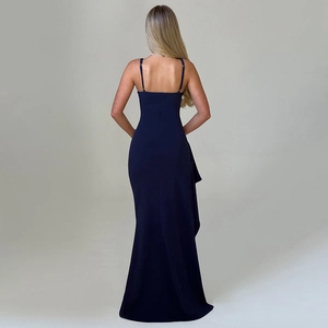 Elegant navy blue backless maxi dress with side ruching and thin spaghetti straps