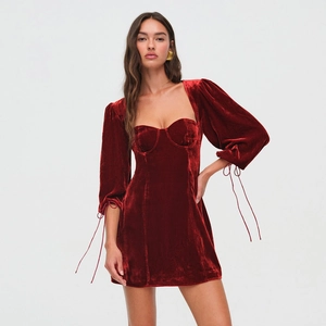 Vestito Mini in Velluto Donna Sexy Schiena Scoperta Scollo Quadrato Maniche a Sbuffo Allacciato Vita Alta Tinta Unita Elegante