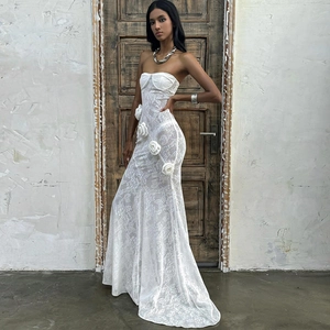 Sexy Women Strapless Lace Maxi Dress 3D Floral Applique Backless Fishtail Evening Party Dress Elegant Slim Fit Long Dress