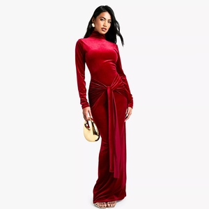 Elegant red velvet long sleeve maxi dress with high neck and front knot tie detail