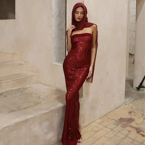 Robe Sexy à Paillettes pour Femmes Haut Tube Élégante Dos Nu Fente Latérale Robe de Soirée Banquet Fête Formelle Longue