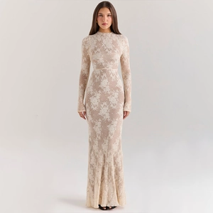 Robe longue élégante en dentelle florale ajustée avec manches longues et col montant