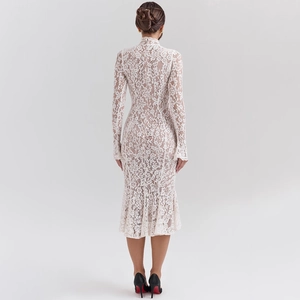Elegant white lace long sleeve dress featuring slim fit mermaid cut and open back detail