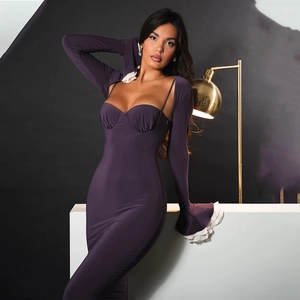 Robe Longue Moulante Sexy pour Femme avec Manches Évasées à Volants Bloc de Couleur Violet Manches Longues Soirée Coupe Slim
