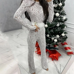 Women Sexy Lace Patchwork Flare Jumpsuit High Waist Long Sleeve Slim Bodycon Round Neck Elegant One Piece Party Clubwear Outfit