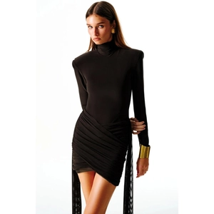 Robe Moulante Sexy à Col Montant et Manches Longues pour Femme Mini Robe de Soirée Froncée avec Épaulettes et Rubans