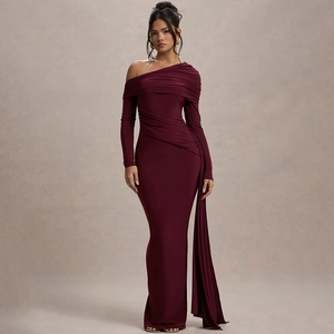 Women Sexy Ruched Maxi Dress Slanted Neck Long Sleeve High Waist Bodycon Evening Party Slim Fit Dress Elegant Long Gown