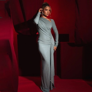 Elegant shimmer off-shoulder long sleeve fishtail dress in light blue with side ruching