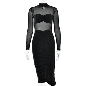 Slim fit black dress with sheer mesh sleeves and elegant ruched details for women