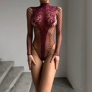 Sparkly burgundy fishnet bodysuit with rhinestones and lace details for women