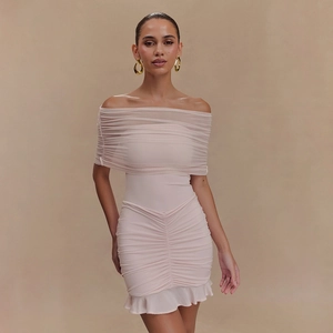 Robe Mini Femme Sexy Épaules Dénudées Plissée Maille Patchwork Bodycon Ourlet à Volants Fête Clubwear Été Sans Manches
