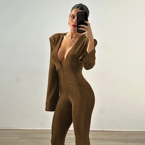 Sparkly brown sequin jumpsuit with deep V-neck and long sleeves for party wear