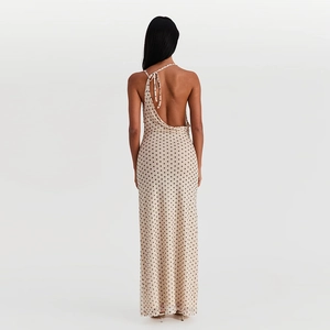 Polka dot halter neck backless maxi dress in beige with an elegant slim fit silhouette