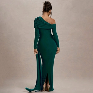 Elegant dark green one-shoulder evening gown with long sleeves and pleated floor-length design