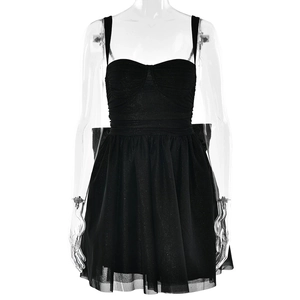 Sexy black sweetheart neck mini dress with mesh patchwork and back bow detail