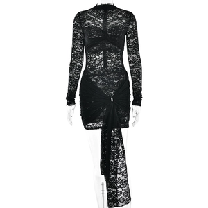 Sexy black lace long sleeve dress with mock neck and metal ring detail on white background