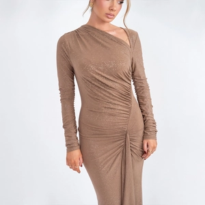 Detail of ruched fabric and asymmetric neckline on brown sparkling bodycon dress