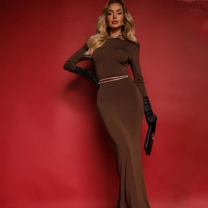 Dettaglio dell'abito lungo marrone elegante con cintura in metallo dorato e collarino