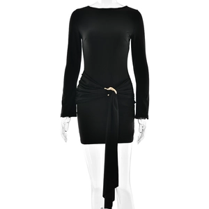 Elegant black long sleeve slim fit mini dress featuring side waist pleats and gold ring detail