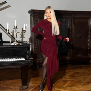 Women Long Sleeve Satin Ruched Mini Dress Sexy Asymmetric Hem High Stretch Solid Color Party Evening Clubwear Bodycon Dress
