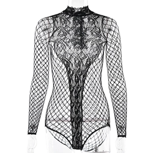 Sexy black fishnet bodysuit with long sleeves, high neck, and delicate lace pattern