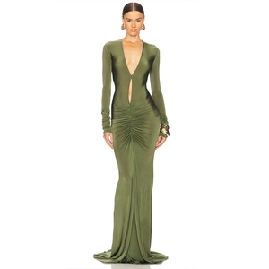 Robe longue moulante vert olive foncé à manches longues avec décolleté en V profond