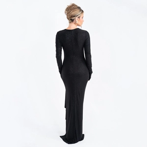 Back view of elegant black shimmer evening gown with long sleeves and fishtail design
