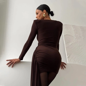 Chic dark brown long sleeve bodycon dress with side ruffle detail and slim fit