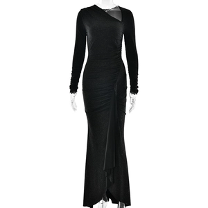 Elegant black slim-fit dress with asymmetrical neck, shirred details and fishtail hem