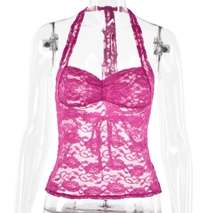 Haut licou en dentelle rose rouge avec motifs floraux et coupe ajustée pour femmes