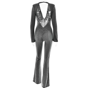 Sparkly black backless jumpsuit with long sleeves, deep V-back, and flared legs design