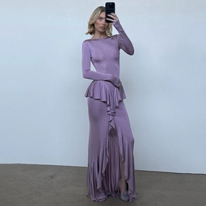 Women Sexy Milk Satin Backless Ruffle Slit Maxi Dress European Long Sleeve Off-Shoulder Solid Color Elegant Bodycon Party Evening Dress