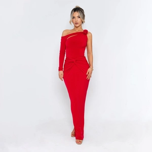 Elegant red one-shoulder evening gown with 3D rose detail and slim-fit floor-length cut