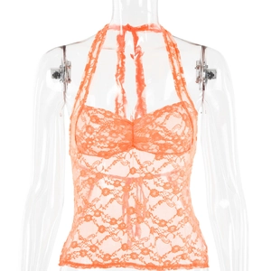Haut licou en dentelle orange avec motif floral et coupe ajustée pour femmes