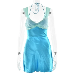 Blue and green patchwork satin halter neck mini dress with sleek backless design