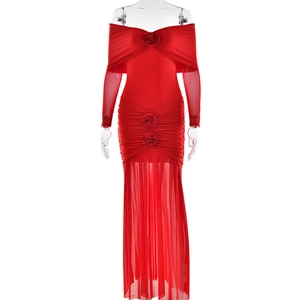 Elegant red off-shoulder long-sleeved evening dress with rose floral detail and mesh hem