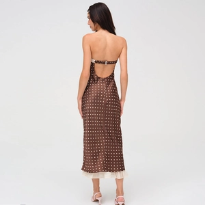 Brown polka dot satin midi dress with backless halter neck and lace trim details