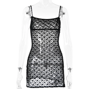 Sexy black sheer floral lace mini dress with thin straps and a slim fit design