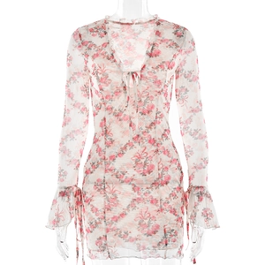 Robe moulante en mesh à fleurs avec col en V et manches longues évasées et imprimés