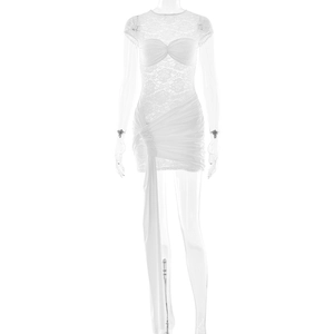 White lace patchwork drape mini dress with floral sheer bodice and side streamers