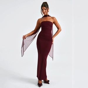Vestito Lungo da Donna Sexy Senza Spalline Con Increspature e Sciarpa Schiena Scoperta Aderente Elegante per Feste Serale